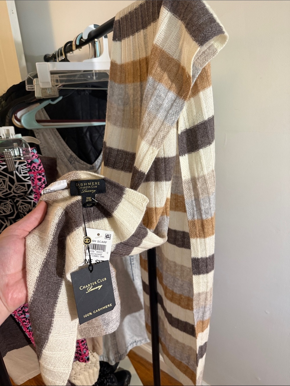 Charter Club Striped Cashmere Scarf in Cream, Brown, Tan
